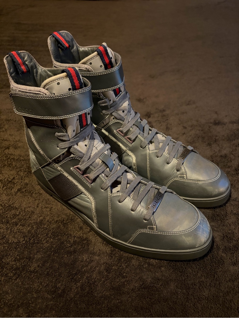 Gucci Tom Ford Era Metal Grey High-Top Motorcycle Strap Sneakers 283083